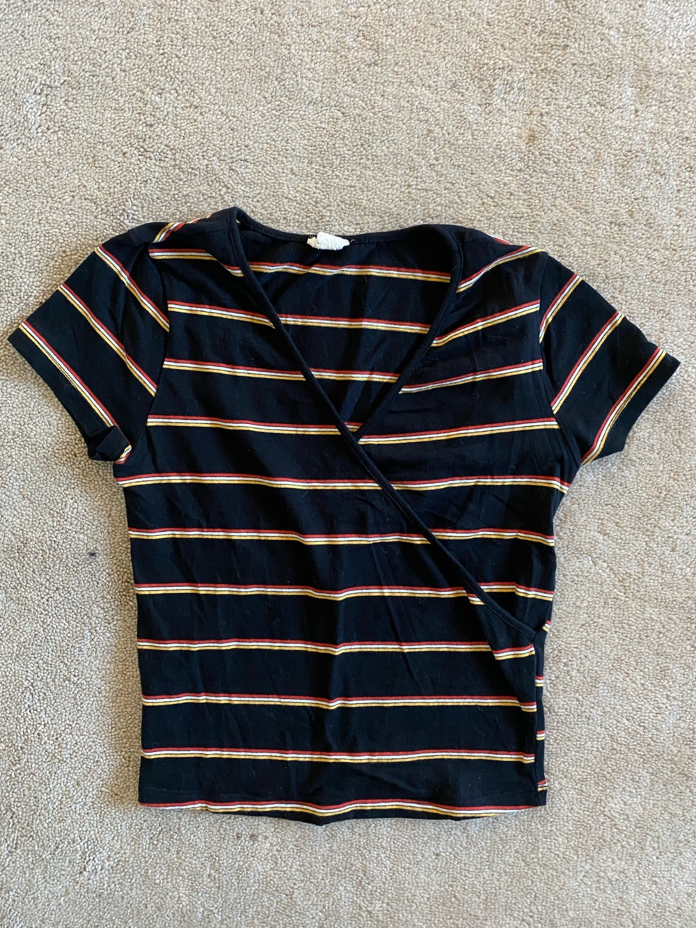 Garage Black Short-Sleeve Wrap Style Top with Red and Yellow Stripes